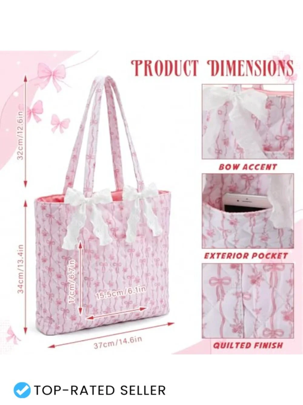 Quilted Tote Bag with Bow Floral Shoulder Bag Cotton Handbag for Work Travel